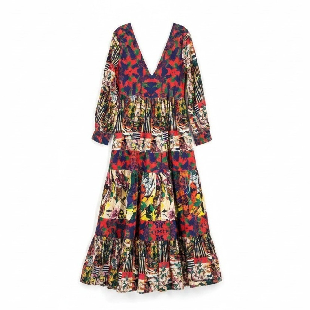 Roopa Pemmaraju Anthropologie Maxi Dress Tiered Cotton Floral Print V Neck Med